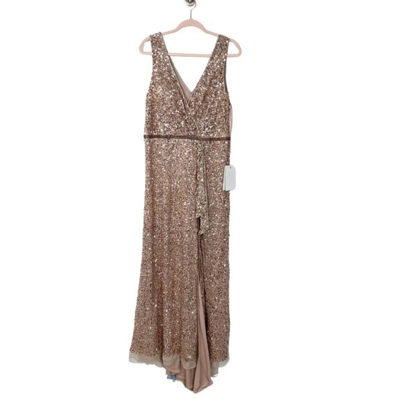 NWT Mac Duggal V-Neck High Slit Sequined Wrap Gown 16 Copper #8058 - Picture 6 of 11